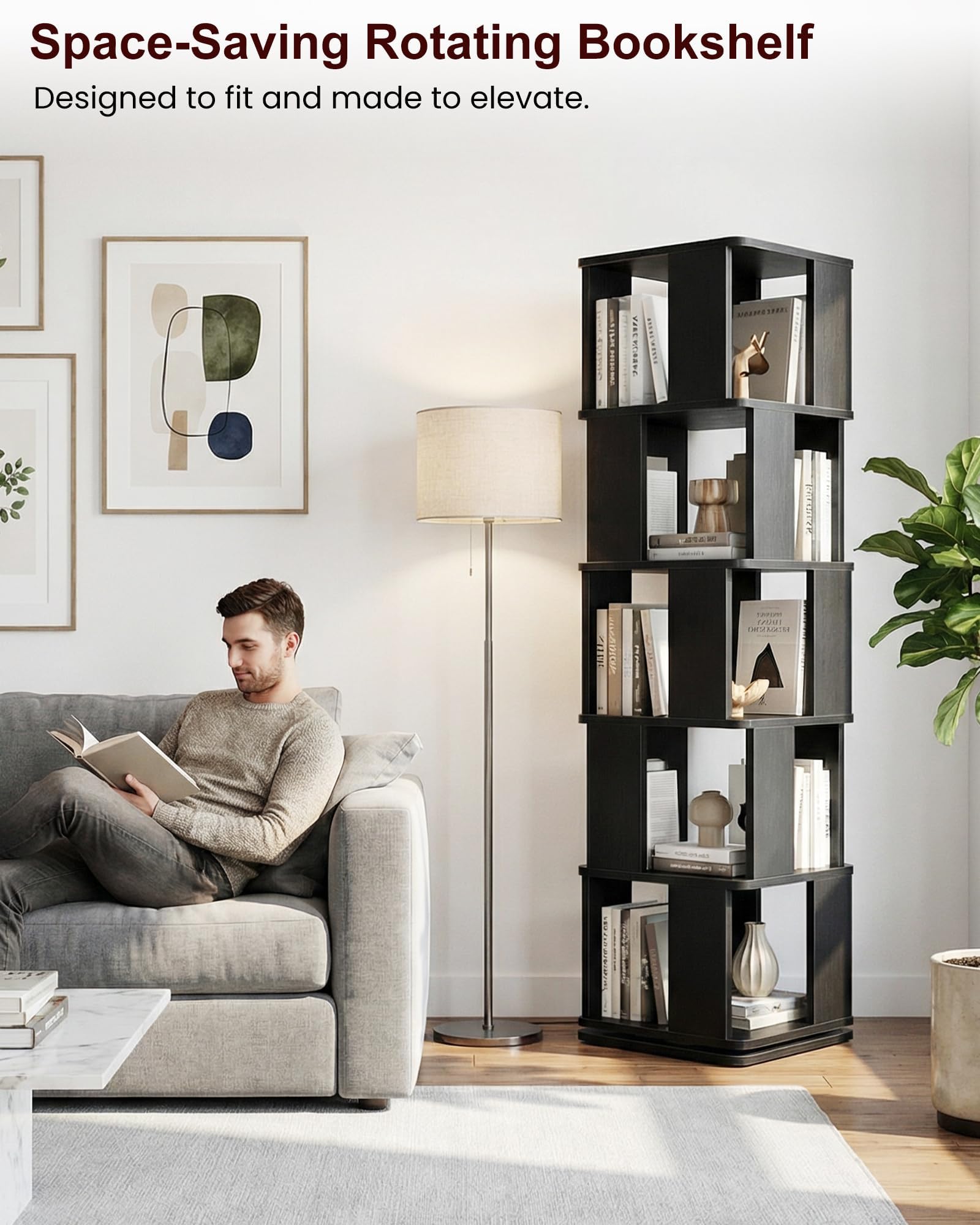 Foxemart 5-Tier Rotating Bookshelf Tower, 360° Spinning Modern Book Storage Bookcase, Stable Display Corner Book Shelf for Kids Room, Living Room, Bedroom, Home Office, Black