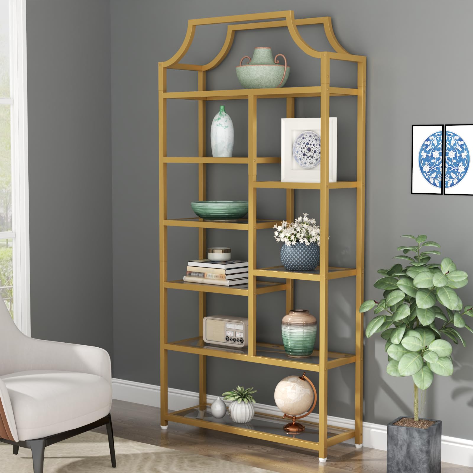 8-Tier Tempered Glass Etagere Bookshelf – Gold Metal Frame