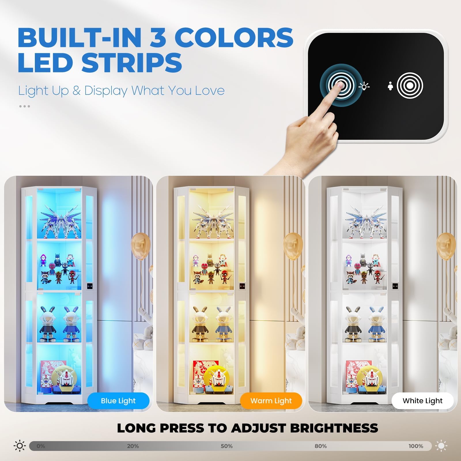 Corner Glass Display Cabinet with LED Lights