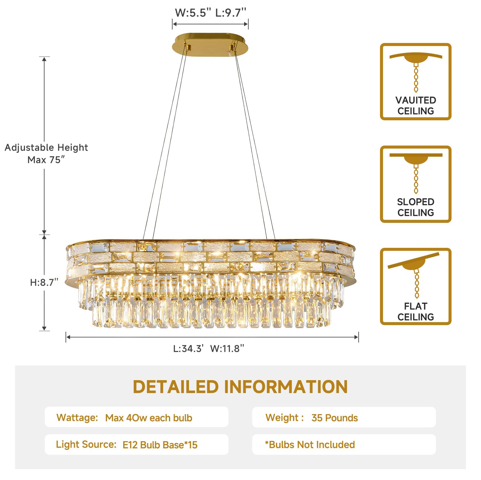 Large Oval K9 Crystal Chandelier - Luxury Modern 3 Tier Linear Crystals Chandeliers - 15 Lights Brushed Gold Pendant Light Fixture for Dining Room Kitchen Island Entryway Bar Living Room - L34.3 Inch
