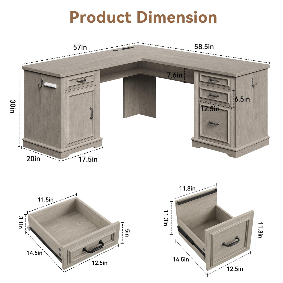 Farmhouse L-Shaped Desk with Charging Station