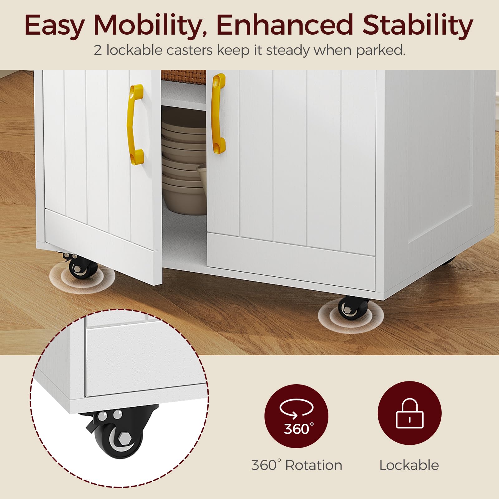 MAHANCRIS Kitchen Island on Wheels, Rolling Island Cart with Drop Leaf, Mobile Kitchen Island with Storage, Kitchen Island Table with Adjustable Shelf and Hooks, for Kitchen White and Natural KIBN9801