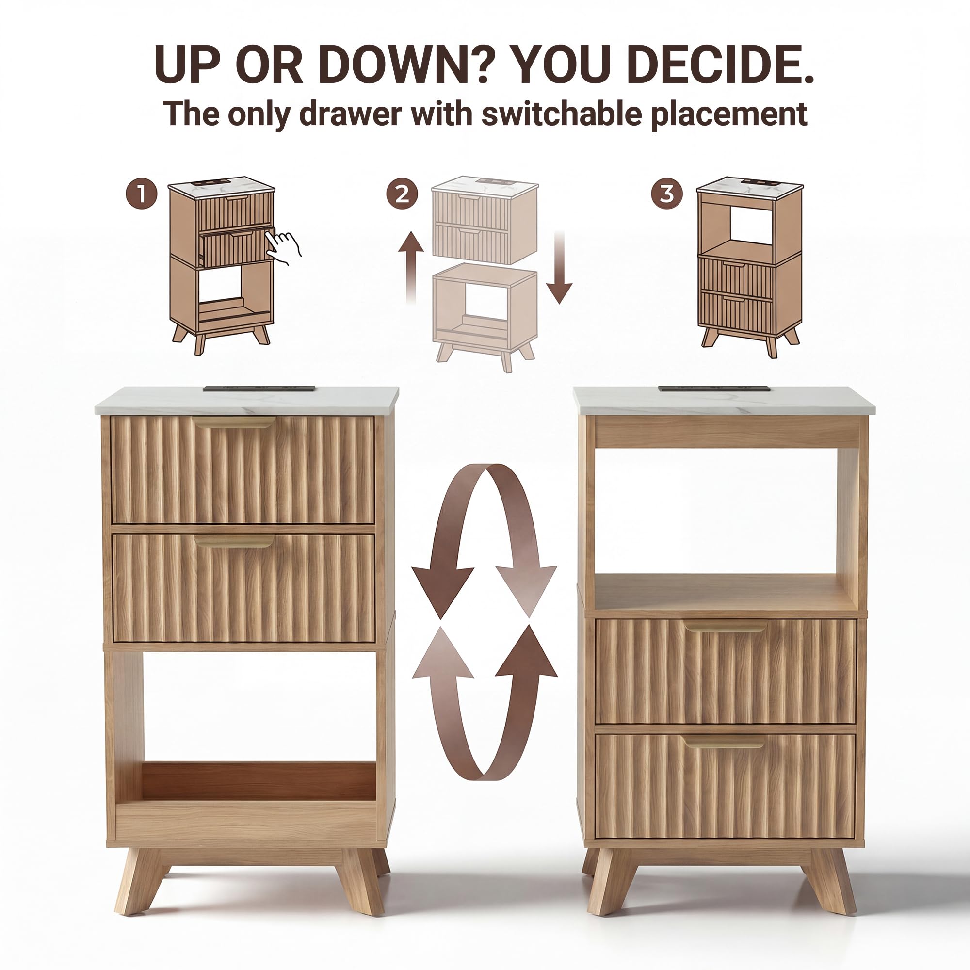 Fluted Nightstand Set of 2 with Charging Station & Storage
