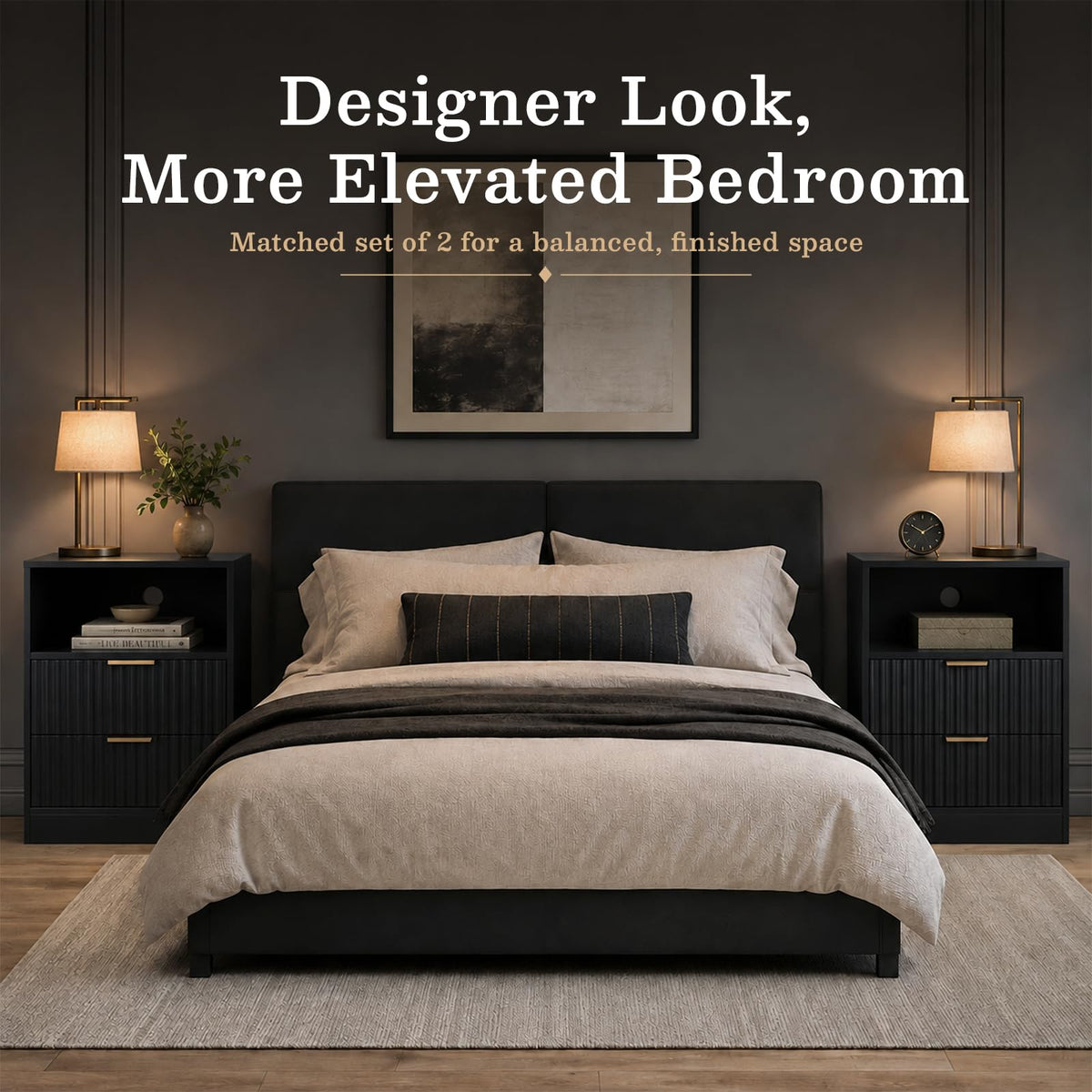 Black Fluted Nightstands Set of 2