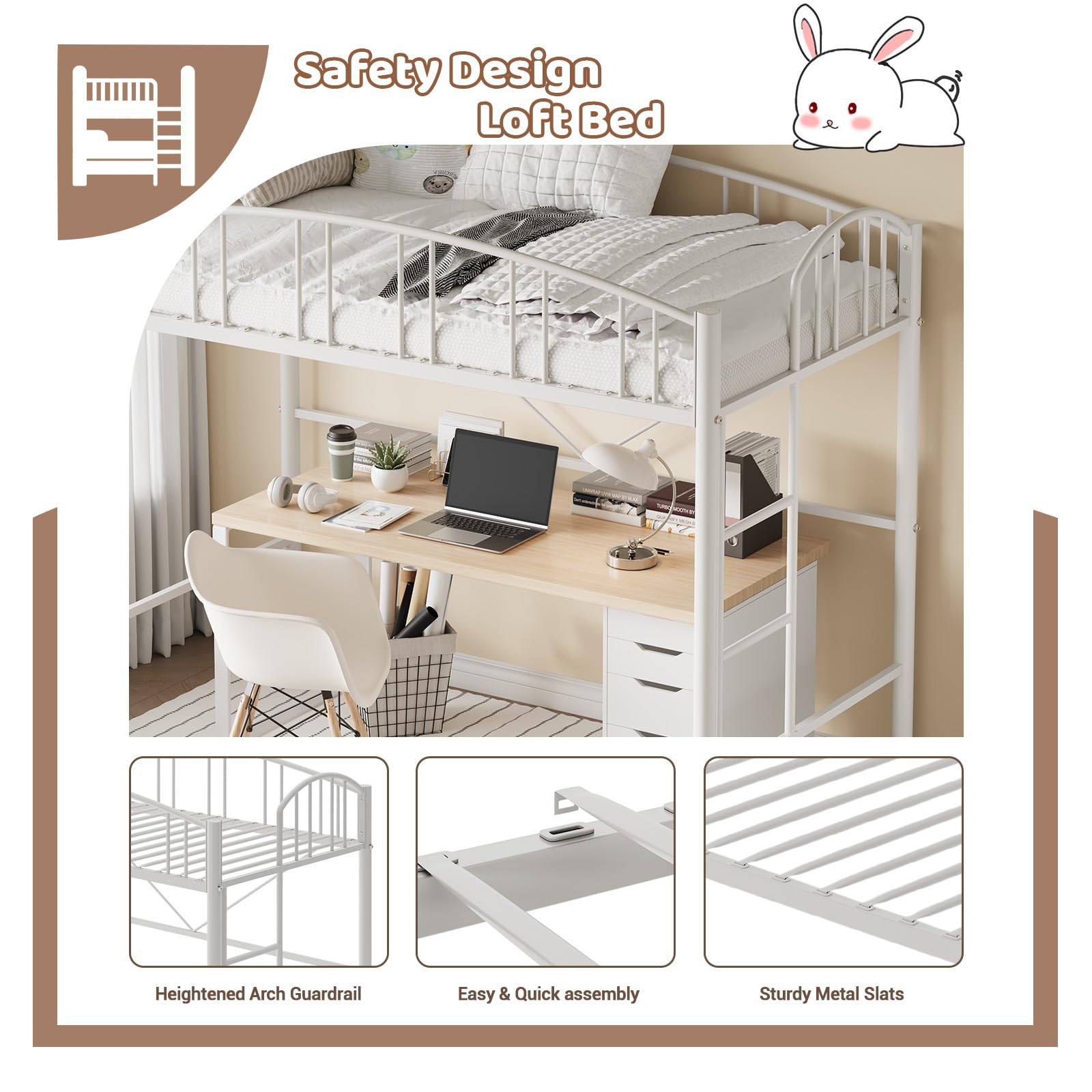 Twin Size Metal Loft Bed Frame with Arched Guardrail & Safety Ladder