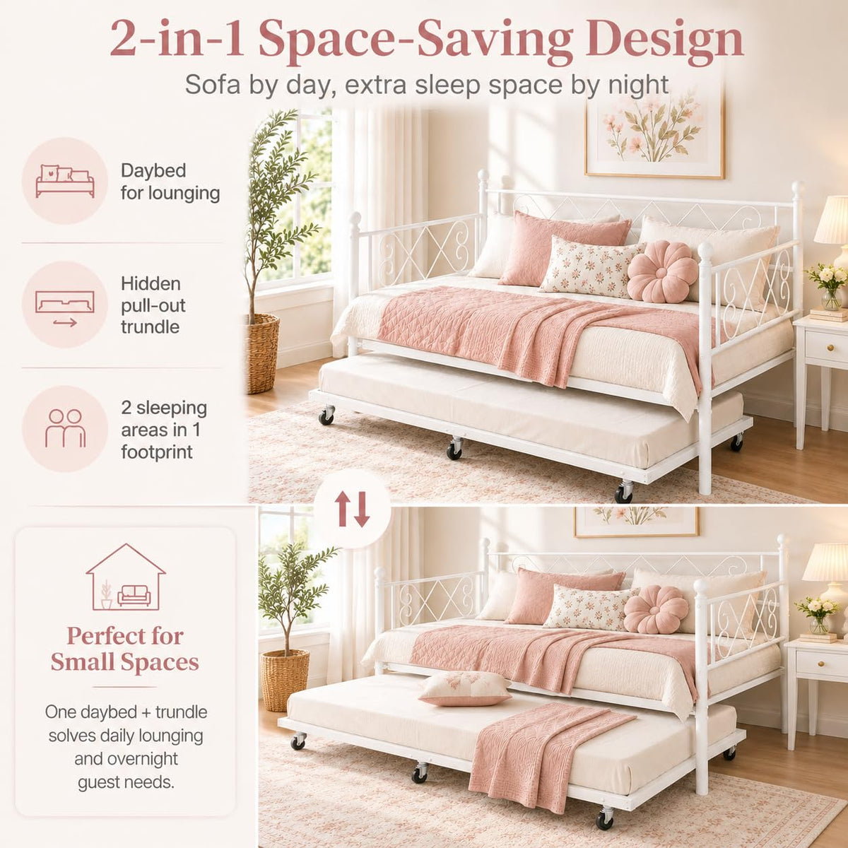 Garvee Daybed with Trundle, Heart‑Shaped Daybed with Trundle, Sturdy Metal Sofa Bed, Heavy-Duty Metal Bed Frame Support, for Living Rooms, Bedrooms, and Guest Rooms, Easy Assembly