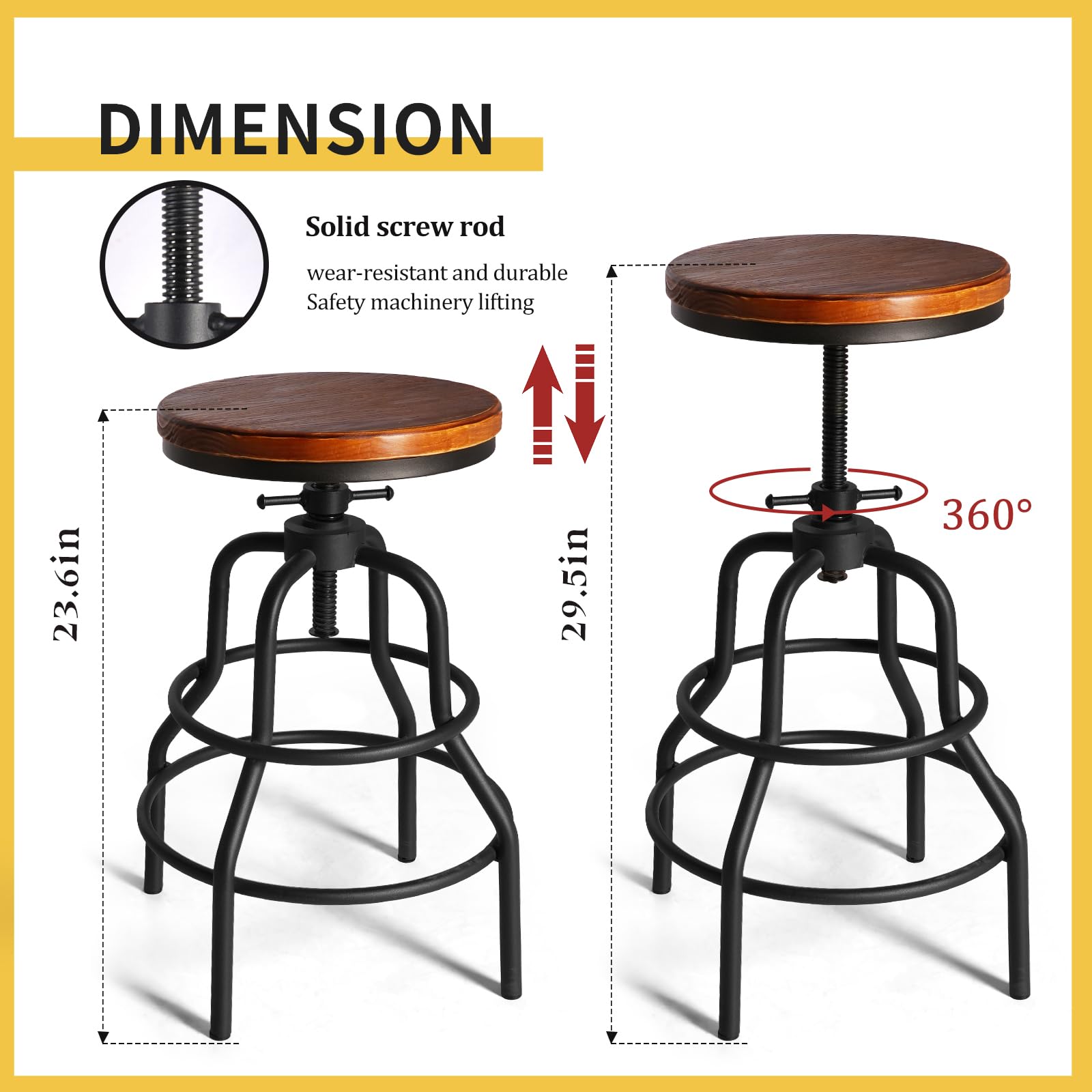 LOKKHAN Modern Industrial High Top Bar Table & Chairs Set with 2 Adjustable Swivel Stools - Black Metal Base & Brown Wood Top - Space-Saving Compact Home Pub Furniture, 45.3" L x 41.34" H