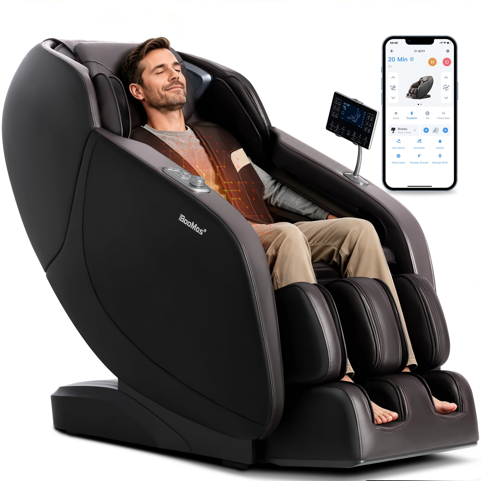 iBooMas Massage Chair Full Body, 6 Massage Intensities Zero Gravity SL-Track Shiatsu Massage Chair with 18 Modes, 42 Airbags, 5 Heating Area, Body Scan, Extendable Footrest, Foot Roller(Brown+Black)