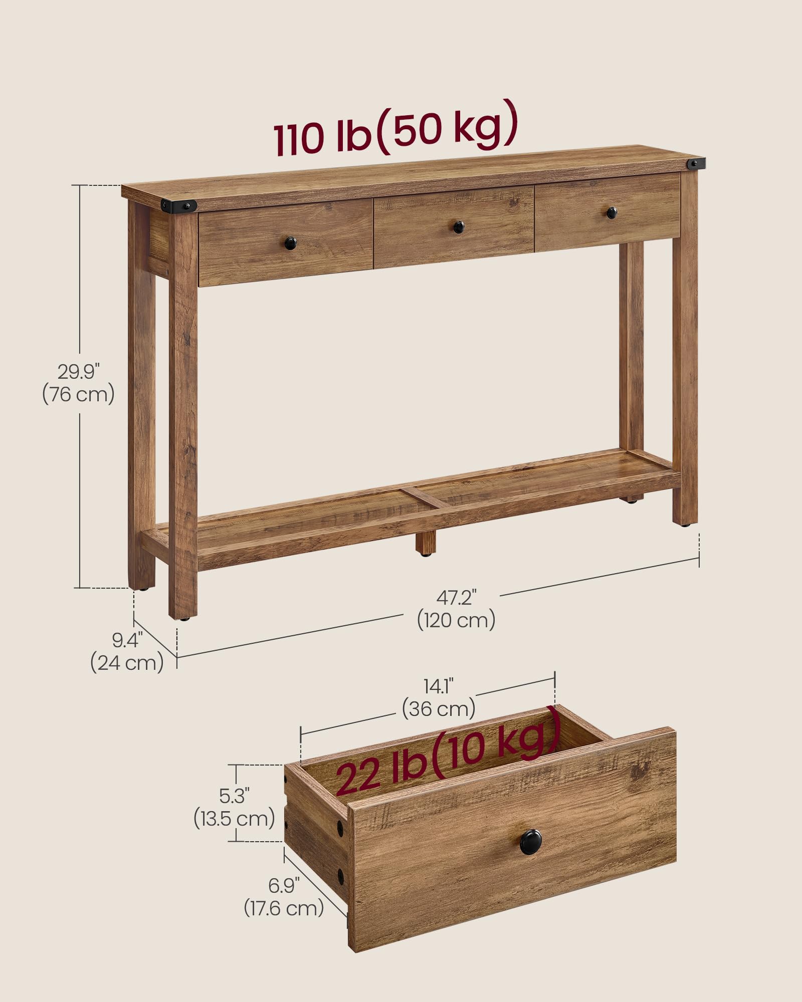 Console Table with 3 Drawers & Open Shelf