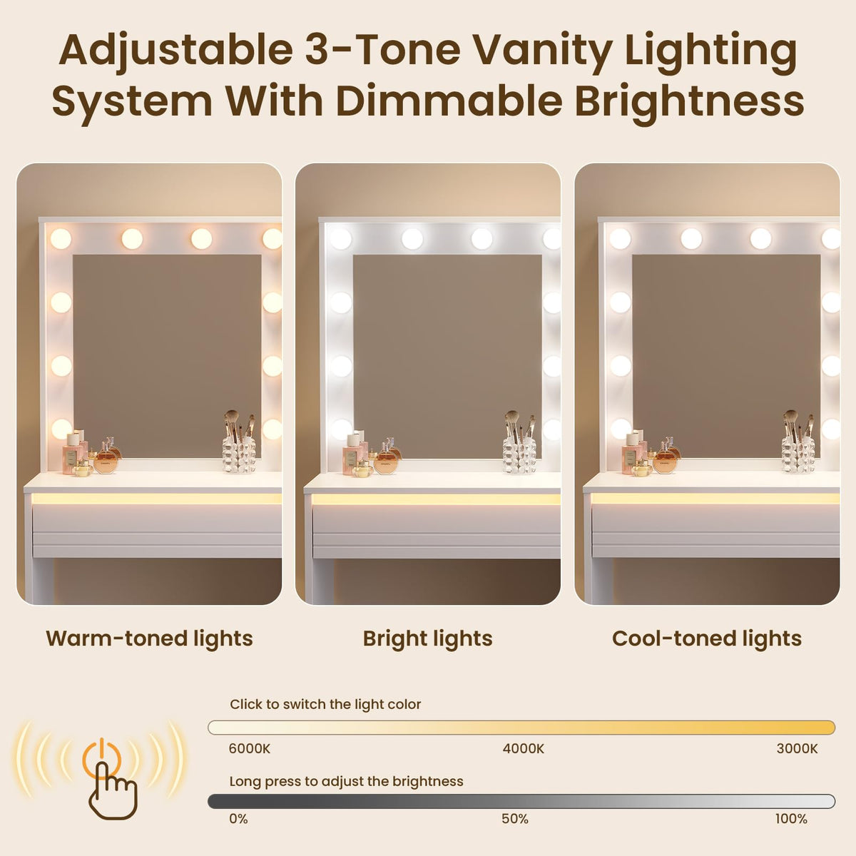 White Modern Makeup Vanity Desk with Mirror, LED Light & Removable Bulb