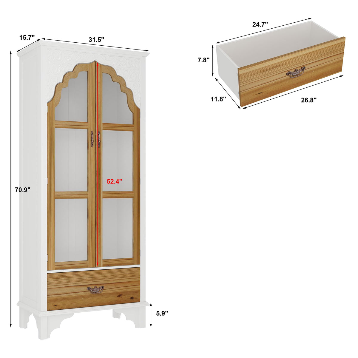 HOMSETTIE 70.9" H Tall Kitchen Pantry with Glass Doors, Shelves & Drawer, Curio Display Storage Cabinet with Carved Patterns, Farmhouse Cupboard China Cabinet for Living Dining Room, White & Brown