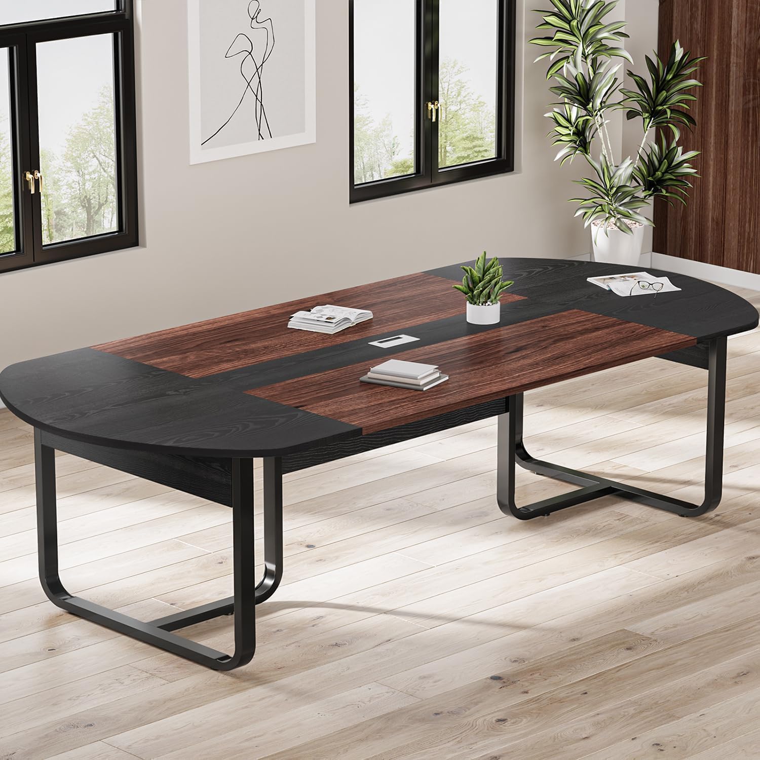 8FT Oval Conference Table – Walnut & Black