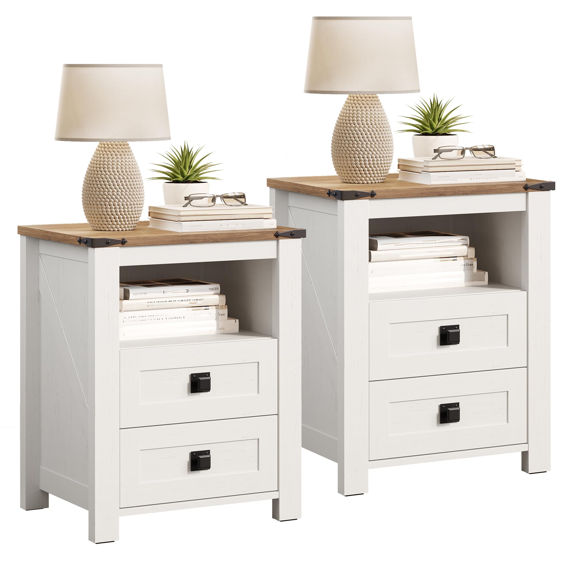 Farmhouse Nightstand Set of 2 with Drawers & Open Shelf