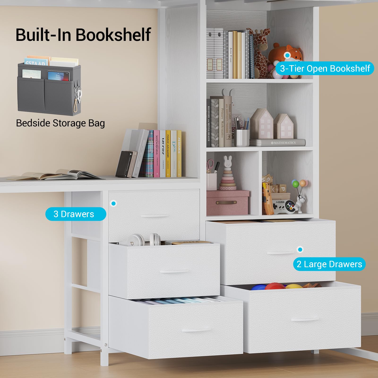 ADORNEVE Full Size Loft Bed with L Desk, 5-Tier Bookshelf, 5 Storage Drawers, LED Metal Loft Bed with Power Outlet, Loft Beds with Safety Guardrail & Ladders, No Box Spring Needed, White