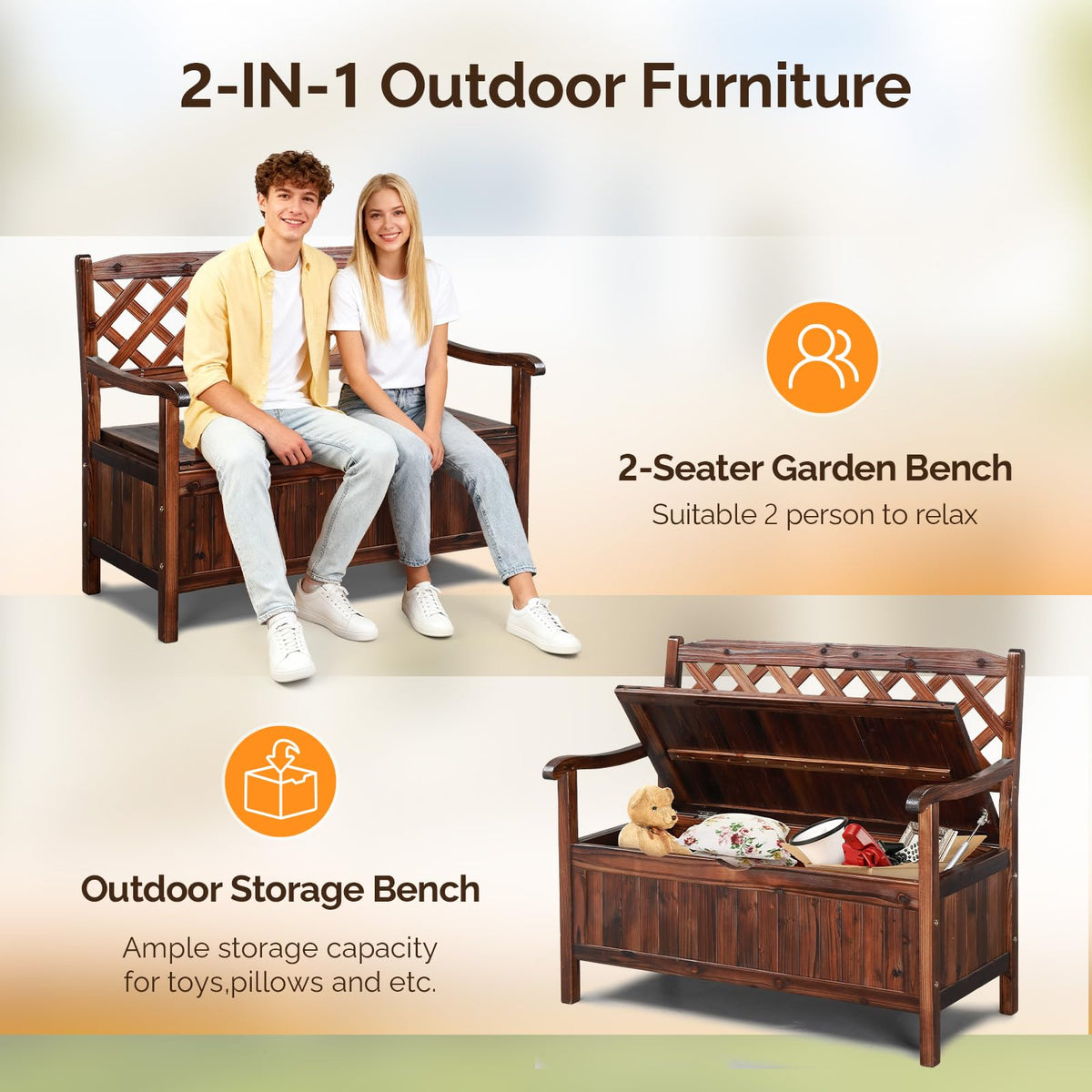 VINGLI Outdoor Storage Bench, Large Wood Deck Box with Seating, Weatherproof Outdoor Bench with Storage Loveseat, 2-Person Wooden Patio Bench for Entryway, Backyard, Garden