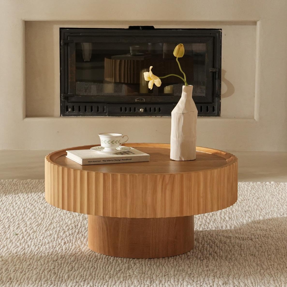 Veihaus Round Coffee Table, 31.8” Coffee Table with Storage, Fluted Drum Modern Living Room Table, Mushroom Shape Wood Center Tables, Coffee Tables for Living Room(31.8''L×13.7''H,Nature Wood)