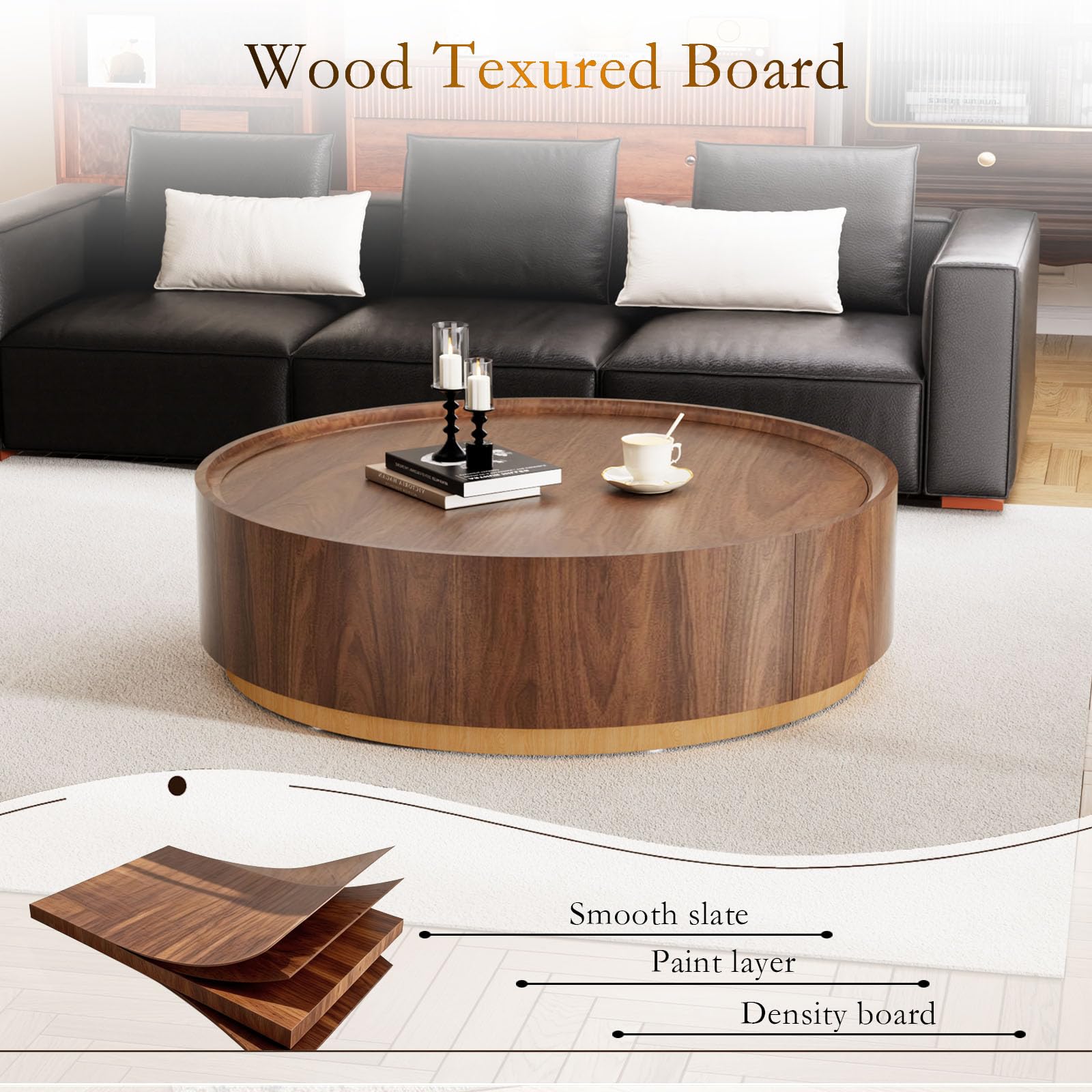 35.4'' Round Drum Coffee Table with Storage, Modern Wooden Round Coffee Tables, Unique Circle Center Table Accent Tea Table with Sturdy Pedestal for Living Room Apartment Small Space (Brown 35.4")
