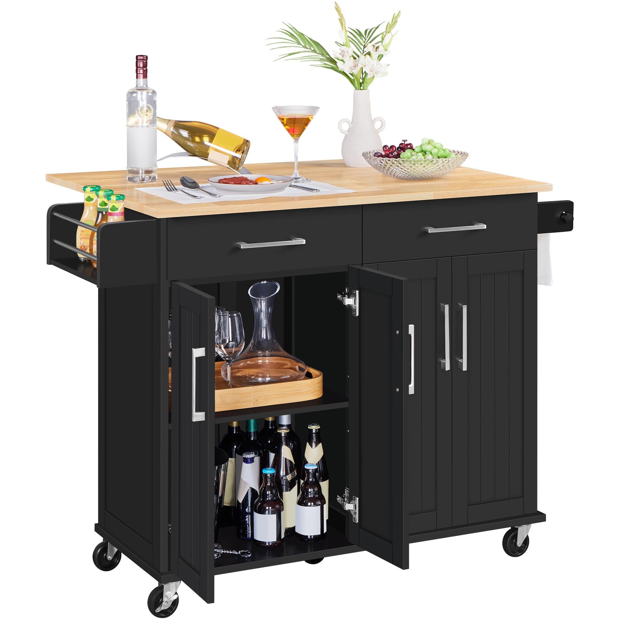 Yaheetech Kitchen Island Cart with Drop Leaf, 49" Rolling Island Table with Storage, Drawer, Kitchen Cart with Rubberwood Top, Detachable Towel & Spice Rack, Black