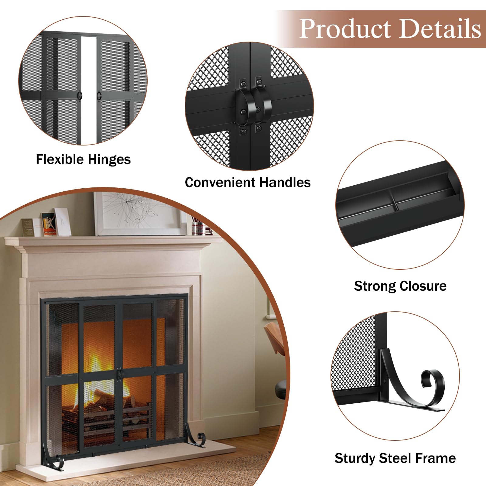 Fireplace Screen with Sliding Doors, 37.8" W x 30.7" H Handcrafted Wrought Iron Fire Spark Guard Fire Place Gate Protector for Living Room, Children and Pet Safety(Large)