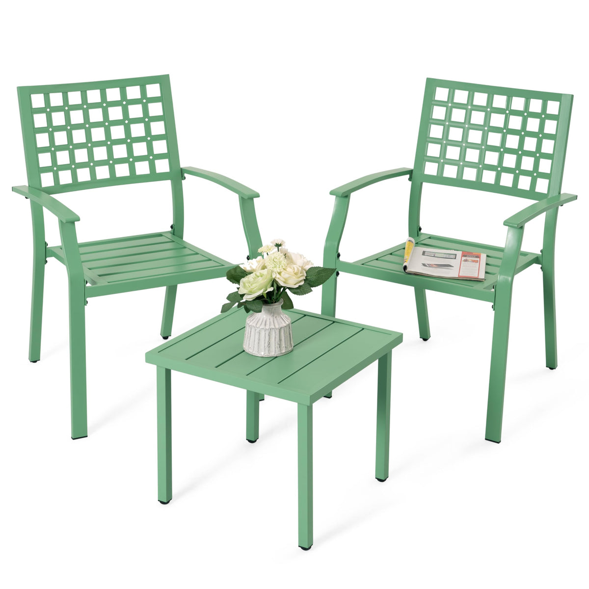 NUU GARDEN 3 Pieces Outdoor Bistro Set, All-Weather Patio Furniture with 2 Metal Stackable Chairs and Square Table, Waterproof Set for Balcony, Porch, Garden, Deck, Green