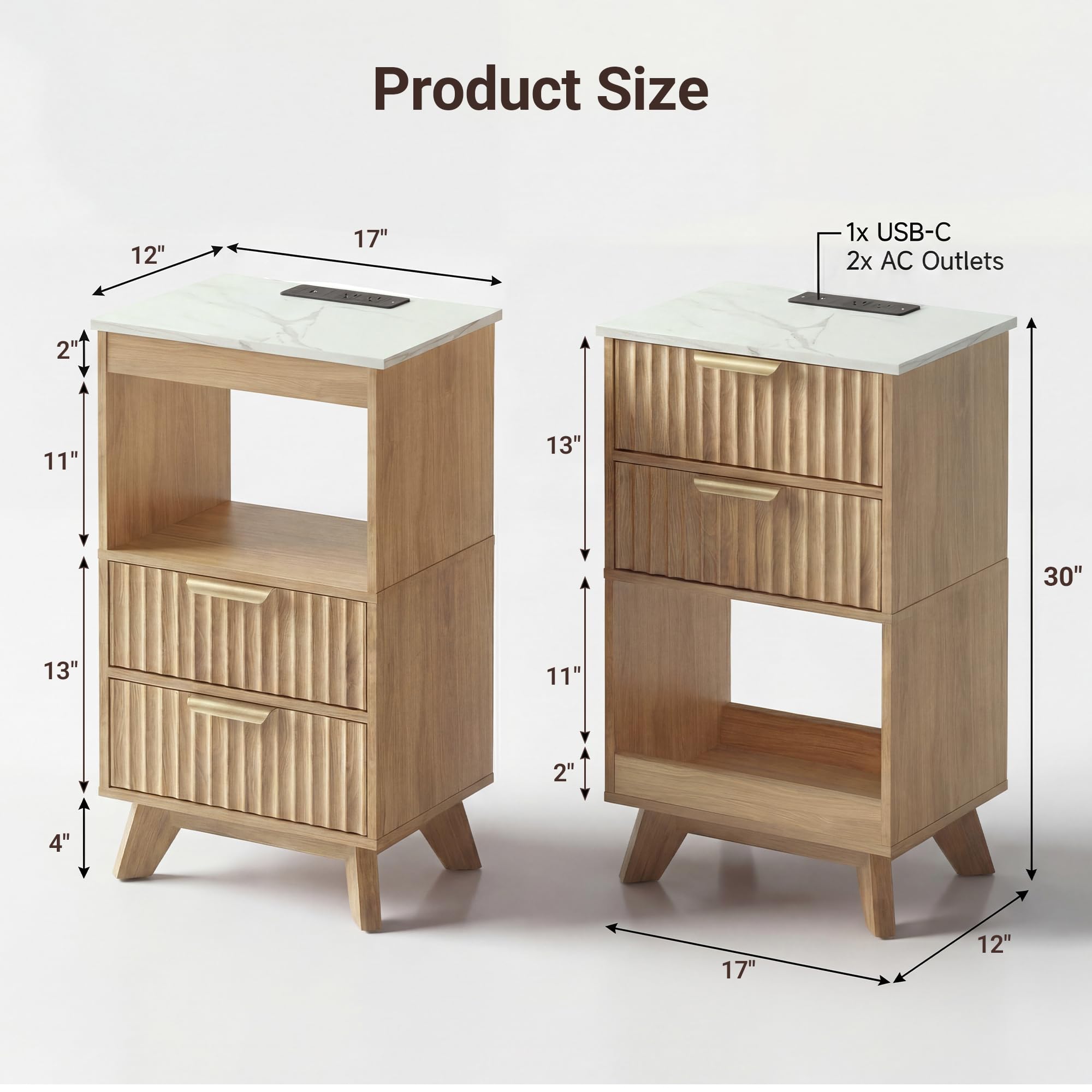 Fluted Nightstand Set of 2 with Charging Station & Storage