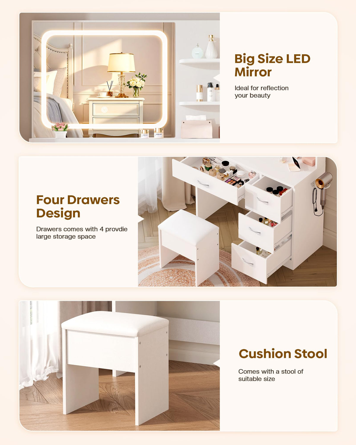 LIVELYGLOW White Makeup Vanity Desk with Charging Station & 4 Drawers