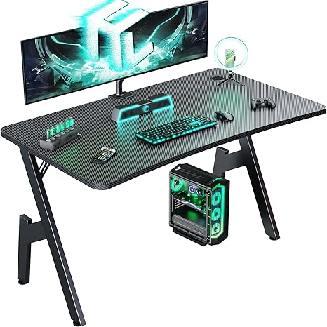 HLDIRECT 47 Inch Gaming Desk, Large Computer Gaming Desk Table with Cable Management, Ergonomic Carbon Fiber Gamer Table Pc Work Home Office Desks with Cup Holder & Headphone Hook & Mouse Pad, Black