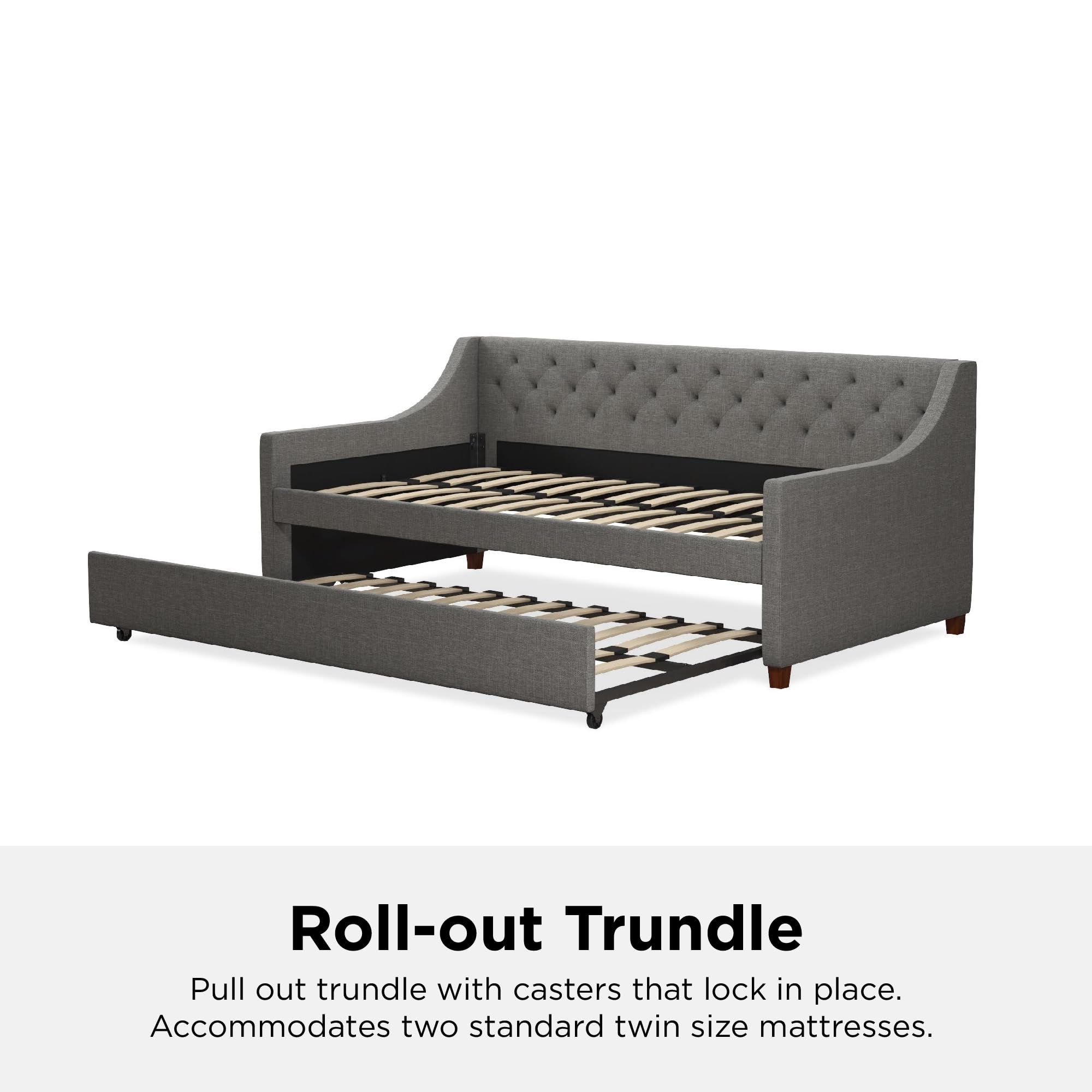 Novogratz Her Majesty Upholstered Daybed and Trundle, Twin over Twin, Grey Linen