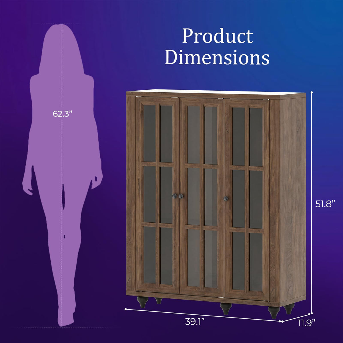 51“ Glass Display Cabinet, Curio Display Cabinet with 3 Glass Doors & Movable Shelves, China Cabinet Cedenza Storage Cabinet Bookcase Kitchen Pantry Cabinet for Collectibles (1, Cracked Oak, 51 Inch)