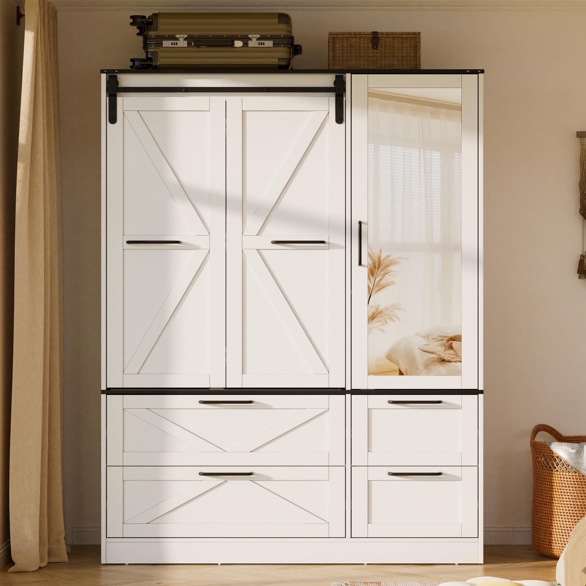 PAKASEPT Armoire Wardrobe Closet with w/Folding Sliding Barn Door, Bedroom Armoires with Mirror and Sensor Lights, Hanging Rod, Wardrobe Closet for Bedroom (19.69" D x 47.24" W x 72.83" H)