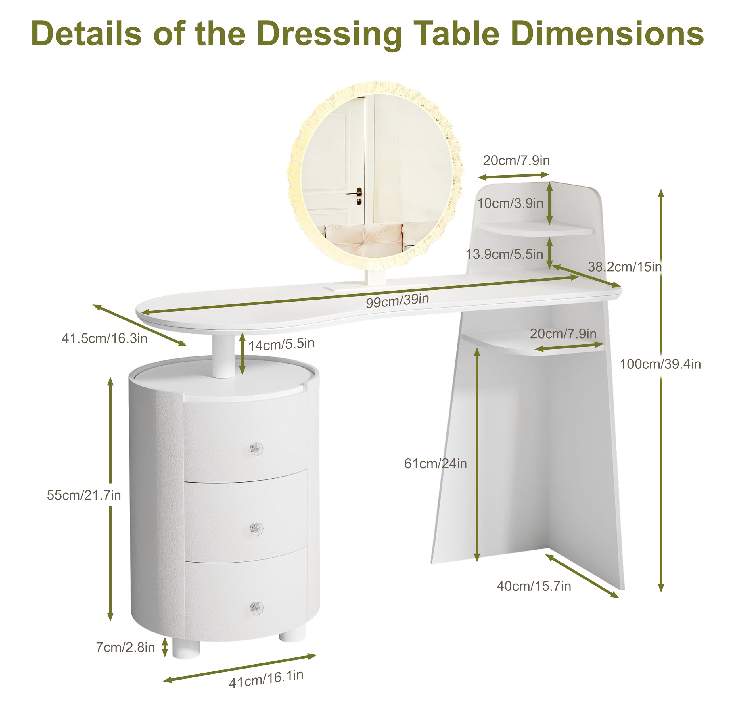 Furnistar White Vanity Desk with Mirror and Lights, Adjustable Make up Vanity with 3 Drawers, Modern Makeup Table with Curved Desktop and Shelf for Bedroom