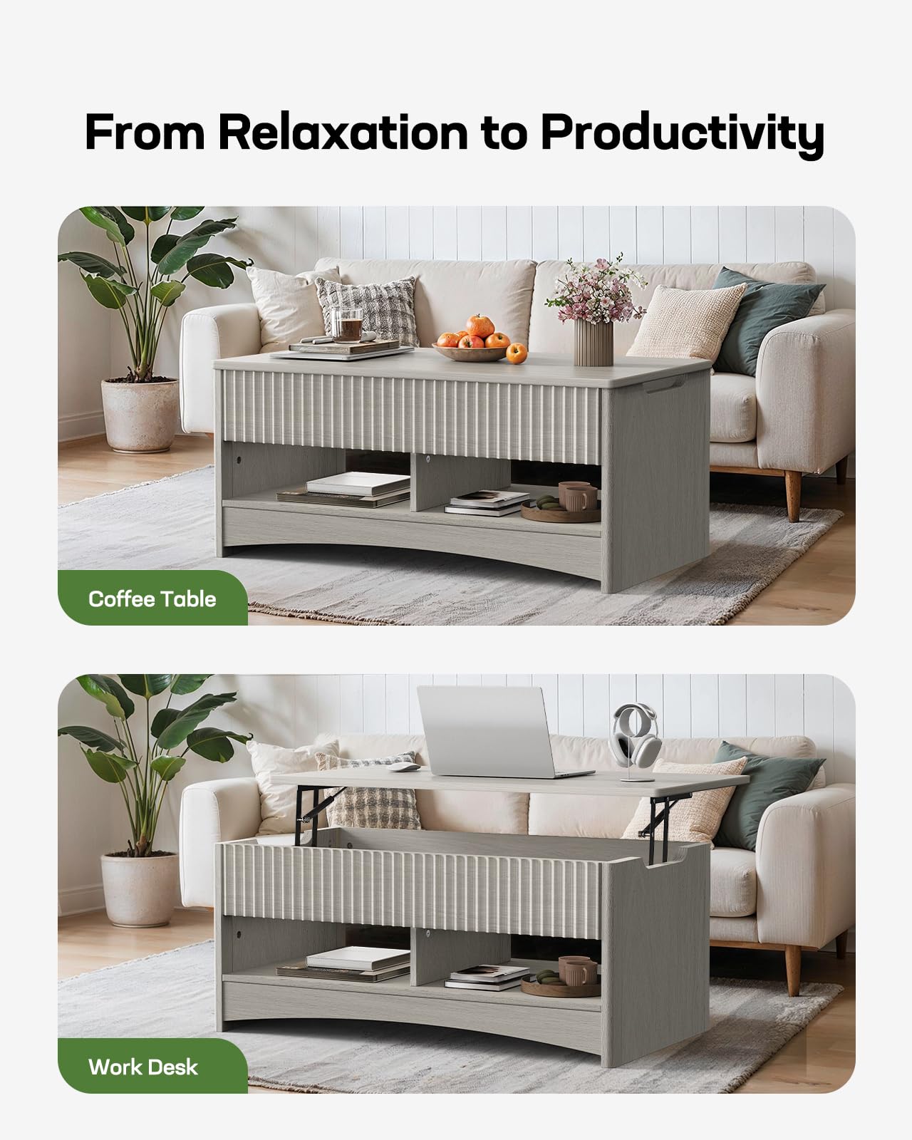 Marsail Lift-Top Coffee Table, Fluted Center Table with Hidden Compartments, Smooth Lifting & Space-Saving Design, Versatile Wood Coffee Table for Living Room and Office, Grey