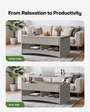 Marsail Lift-Top Coffee Table, Fluted Center Table with Hidden Compartments, Smooth Lifting & Space-Saving Design, Versatile Wood Coffee Table for Living Room and Office, Grey