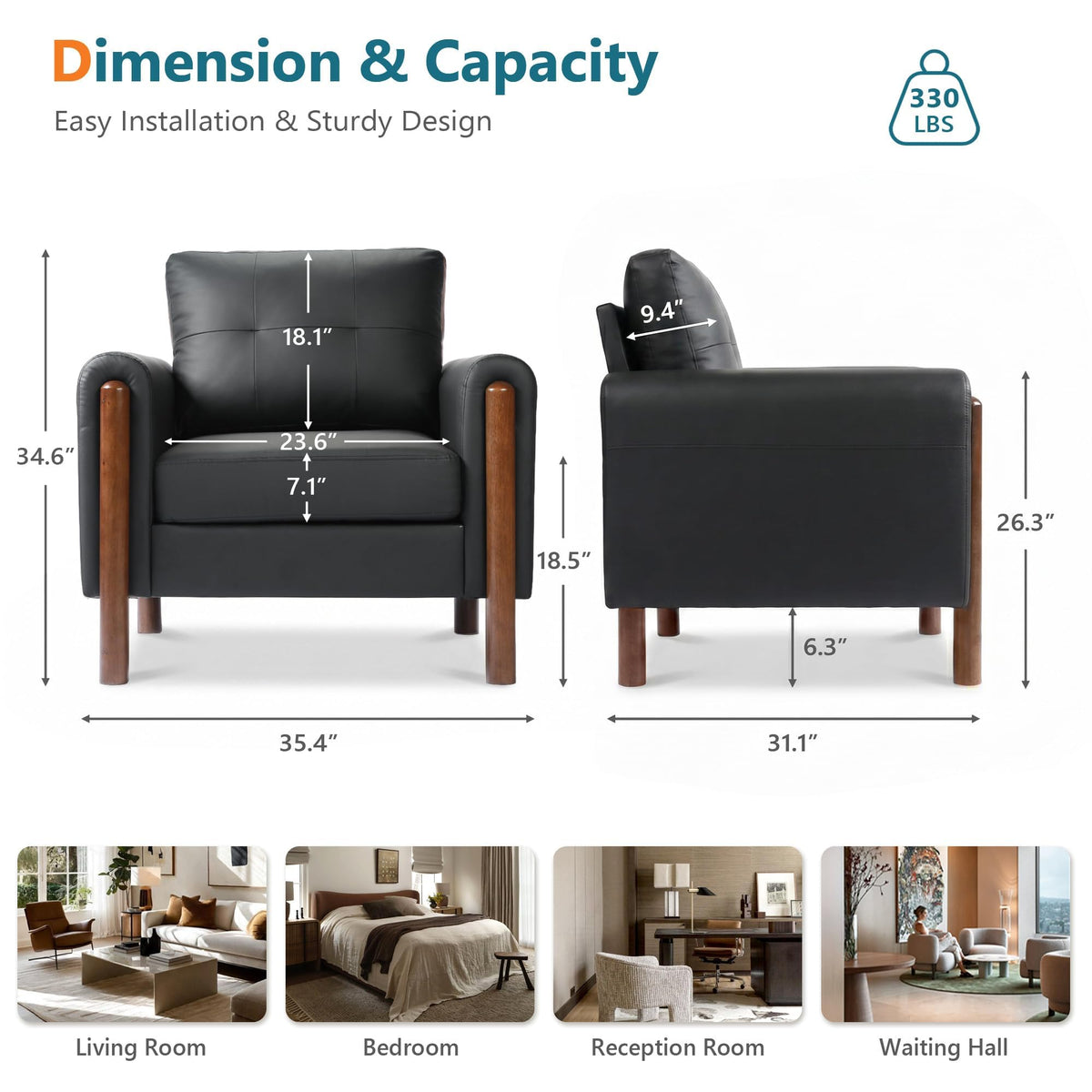 STHOUYN 35" Black Leather Oversized Accent Chair with Wood Armrests, Mid-Century Modern Tufted Living Room Chair, Comfy Reading Sofa Chair with Lumbar Support & Thick Cushion Waiting Room Office