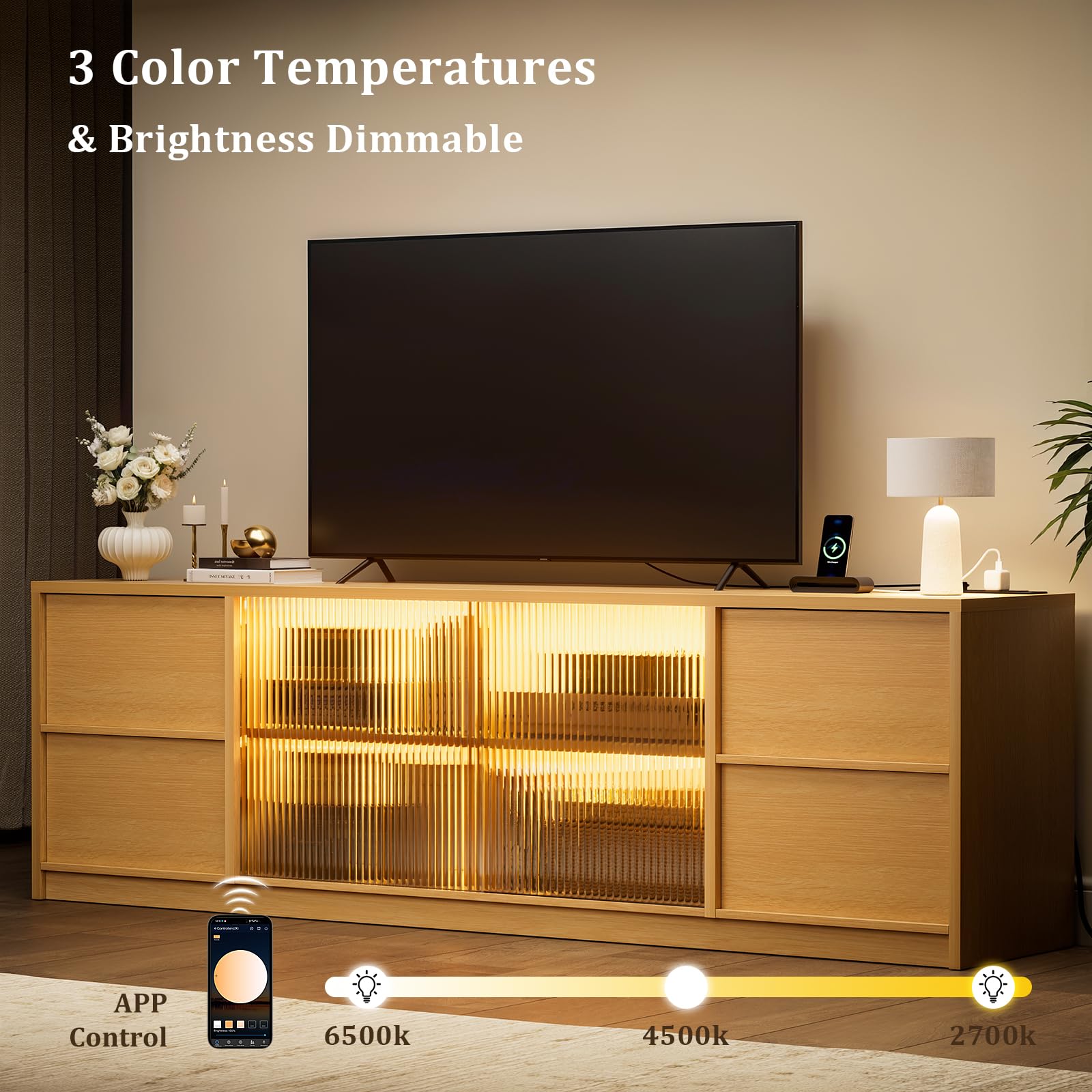 REAHOME 67" Wooden TV Stand for TVs up to 70 Inch, Entertainment Center with Charging Station and LED Light, Media Console Table with Storage Drawer & Sliding Door for Living Room, Natural Oak