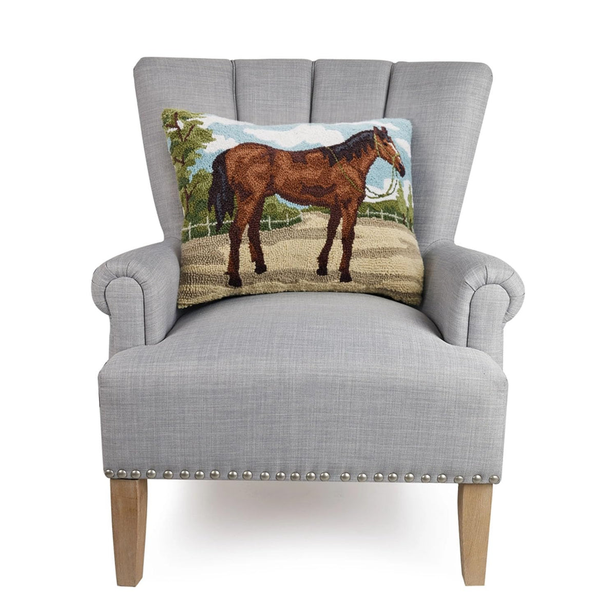 Peking Handicraft Brown Horse 22" x 16" Rectangular Hooked Wool Throw Pillow with Polyfill Insert