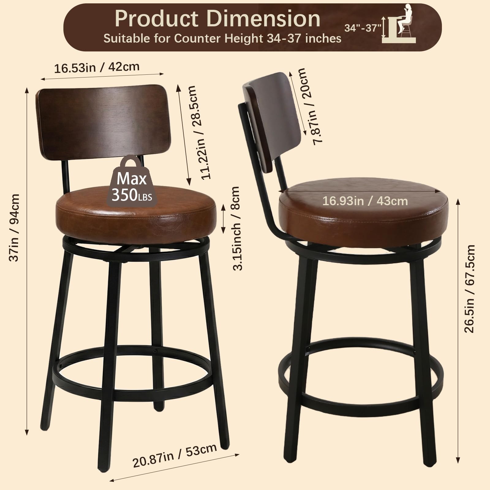Swivel Bar Stools Set of 2 with Wood Backrest & Metal Legs