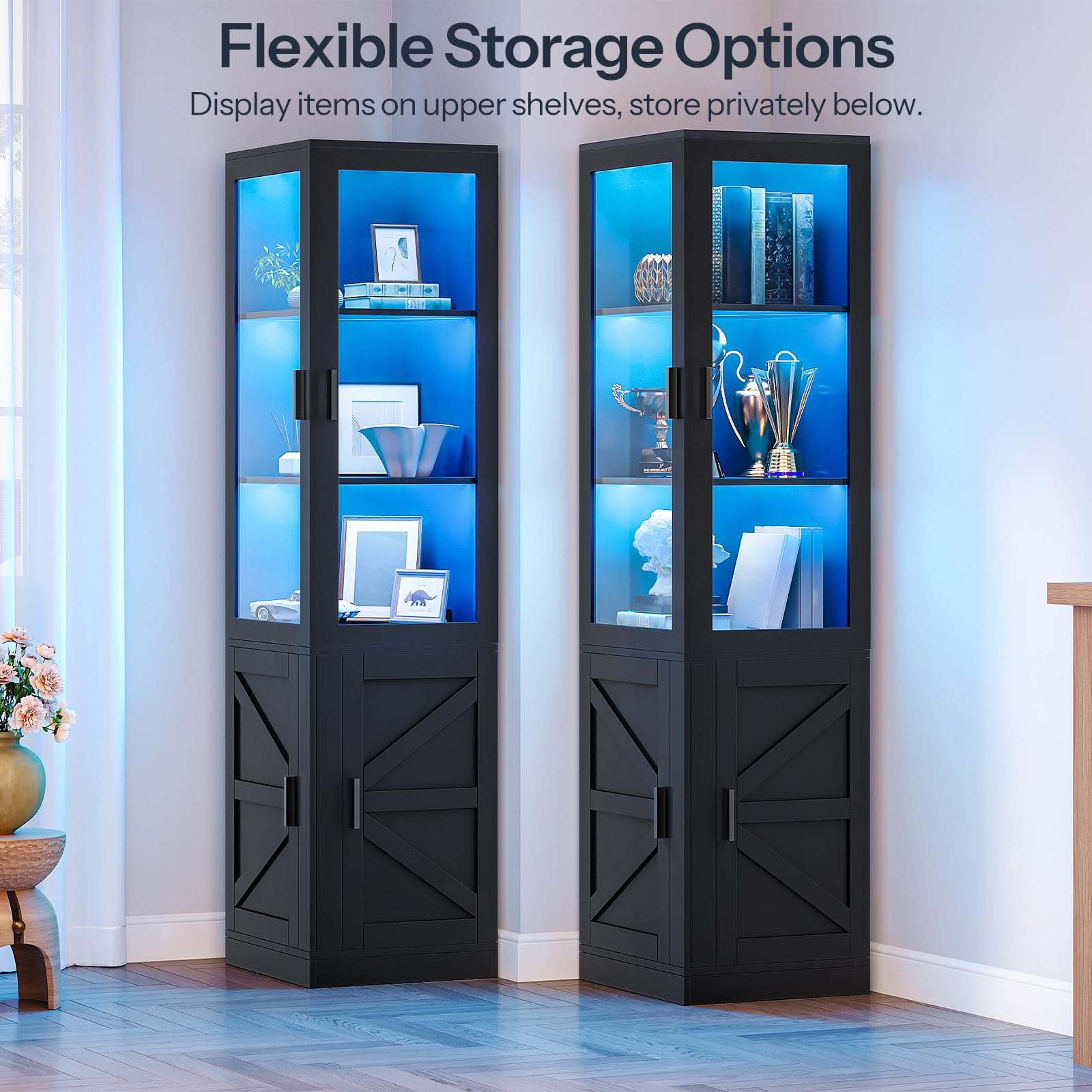 HOOBRO Corner Display Cabinet with Glass Doors，69.5" Glass Display Cabinet with LED Lights, Corner Storage Cabinets for Collectibles, Books, Modern Curio Cabinets Bookcase, Black BK01DDC01