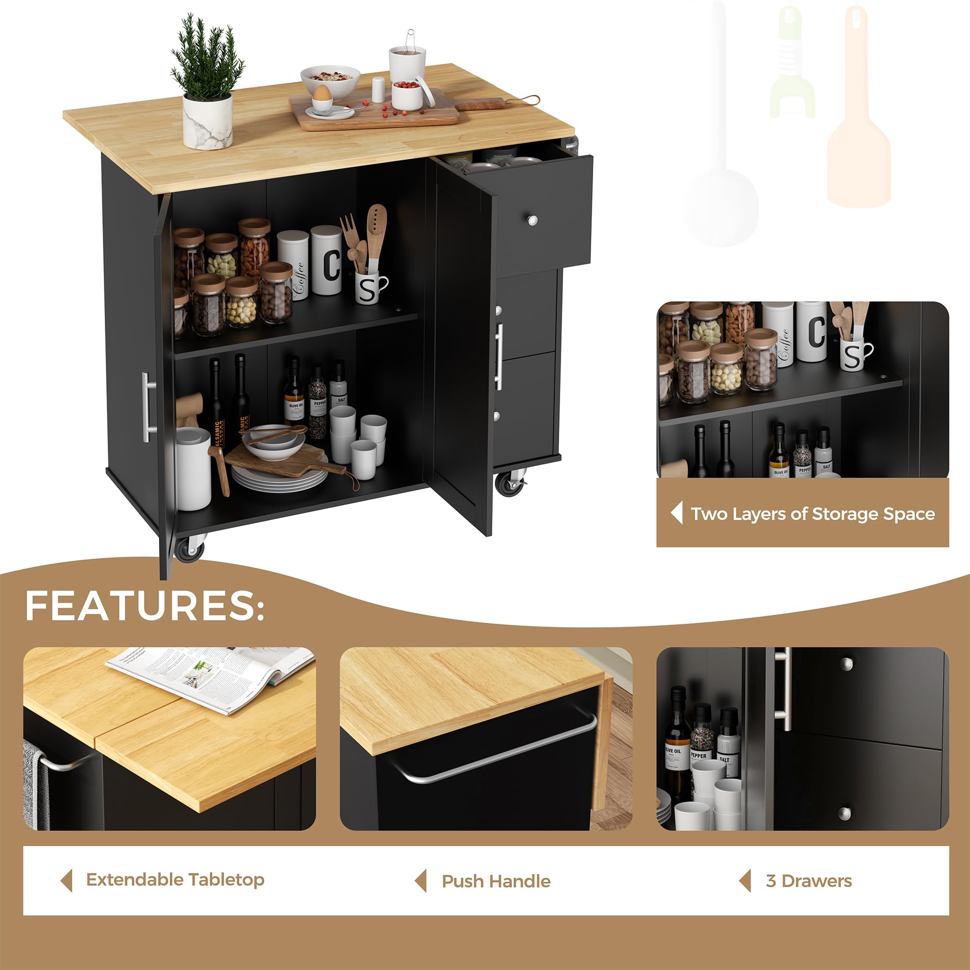 JY QAQA 40" Kitchen Island Cart Furniture cart on Wheels Rolling Portable Dining Room Serving Utility Carts Mobile Movable with Drawers Cabinet,Black