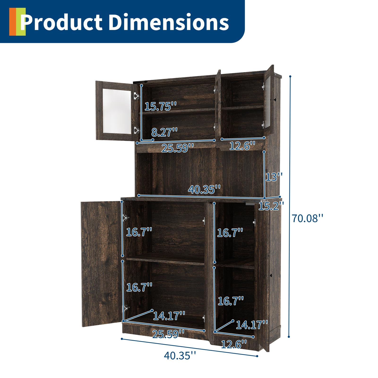 Garvee Rustic Brown Kitchen Pantry Cabinet with Charging Station, Farmhouse Freestanding Kitchen Hutch Cupboard Storage Cabinet with Countertop for Living Room 15.2 in d× 40.35 in w× 70 in h