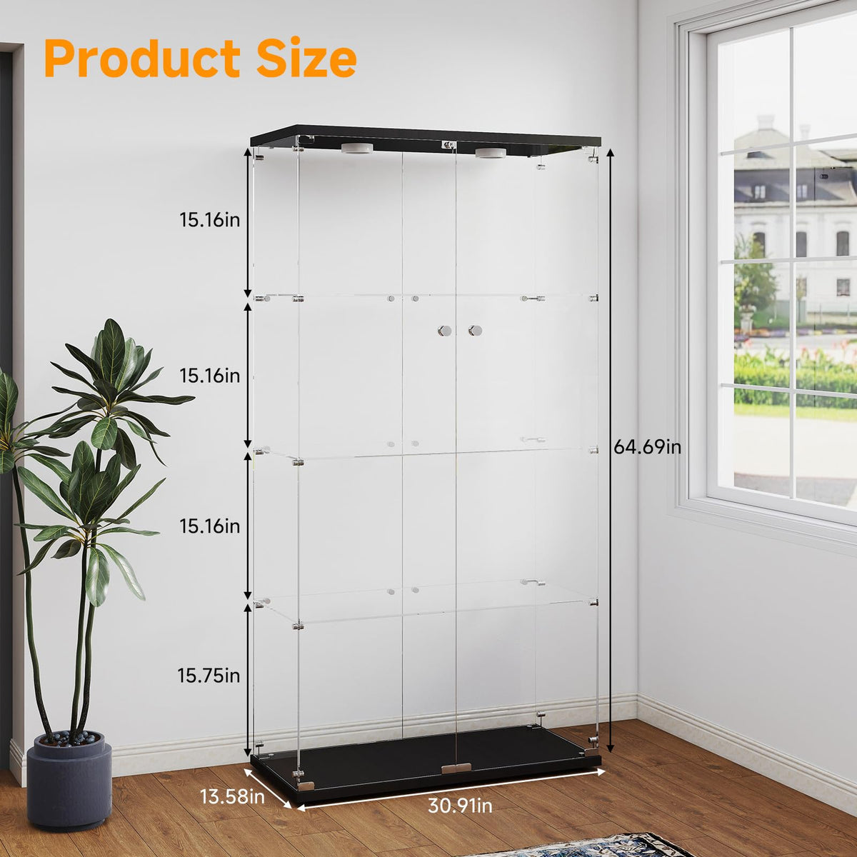Zevemomo 4-Tier Tempered Glass Display Cabinet with Lights, Curio Cabinet with Glass Doors and Lock, Glass Display Case for Collectibles, for Living Room, Bedroom, Office, Black, Double Door