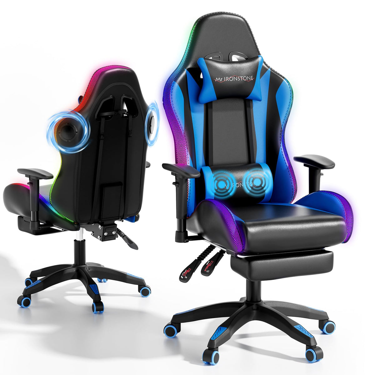 Mr IRONSTONE RGB Gaming Chair with Bluetooth Speakers, Ergonomic Gamer Chair with LED Lights, Vibration Lumbar Support, Footrest and High Back Reclining Design for Adults, Blue