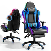 Mr IRONSTONE RGB Gaming Chair with Bluetooth Speakers, Ergonomic Gamer Chair with LED Lights, Vibration Lumbar Support, Footrest and High Back Reclining Design for Adults, Blue