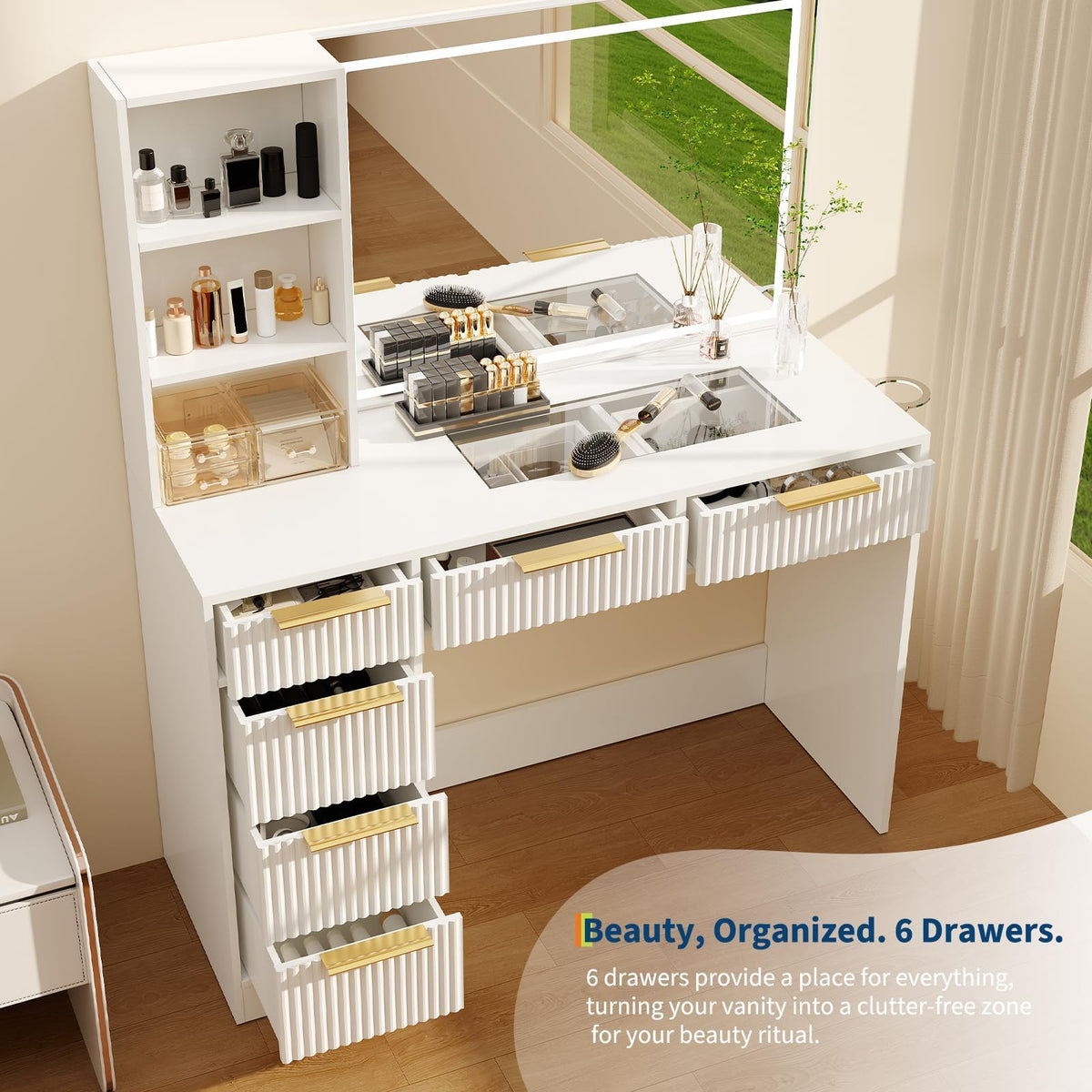 Patikuin 52" Fluted Makeup Vanity Desk with Mirror & Adjustable Lighting, Dressing Table with 6 Drawers, Glass Top, Shelves & Hairdryer Stand for Bedroom, Modern Vanity with Charging Station, White