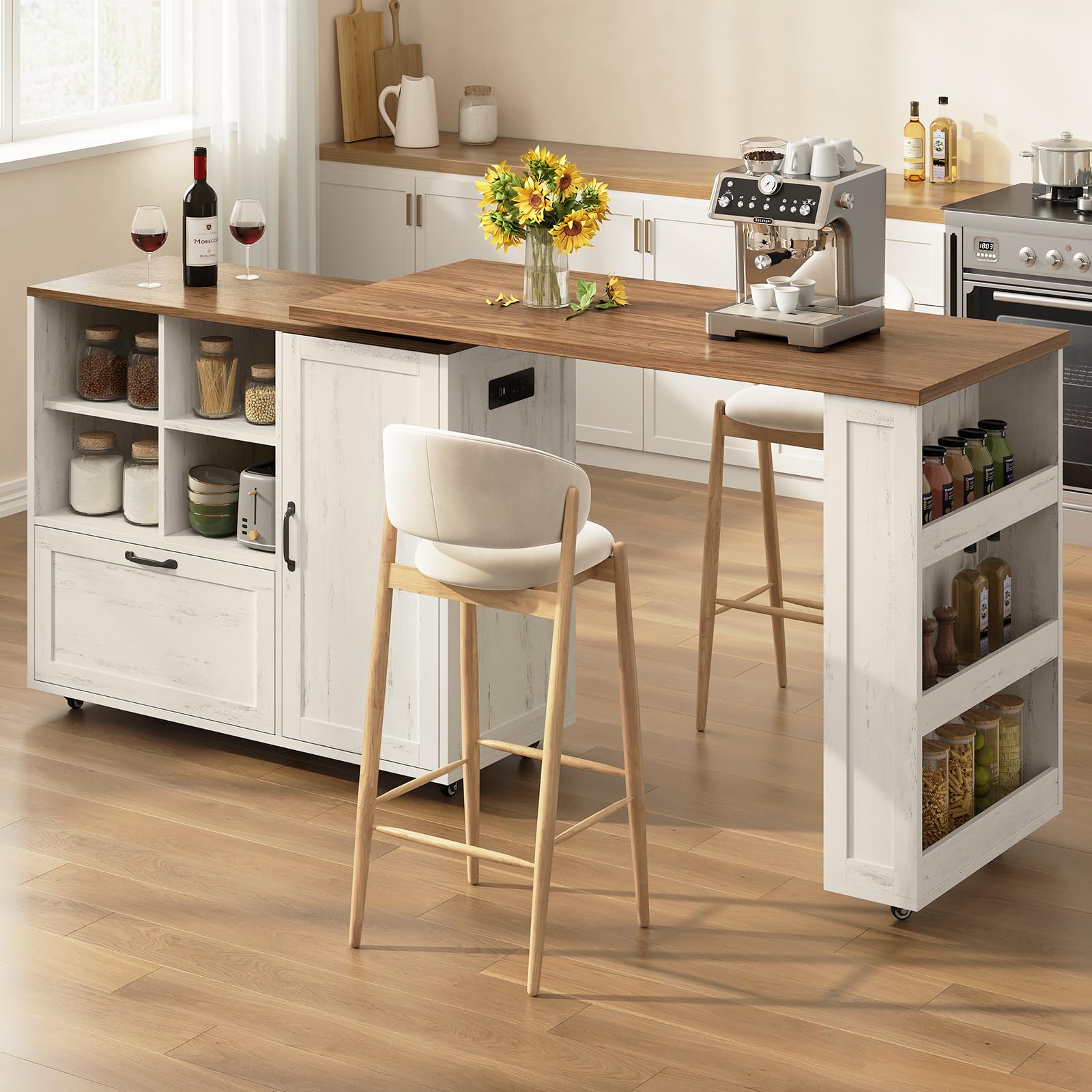 PIXOURA 72" Rolling Kitchen Island Cart with 360° Swivel Tabletop & Power Outlet, Farmhouse Mobile Kitchen Island Storage Cabinet on Wheels with Drawers, Spice Rack for Dining Room,Home Bar,White