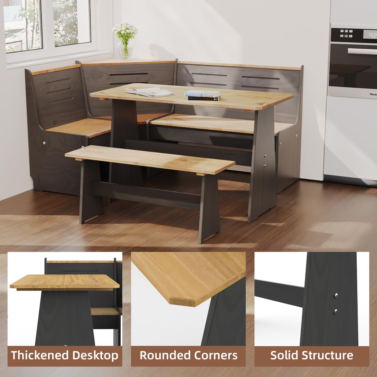 Gracava Breakfast Nook Table Set - L Shaped Corner Solid Wood Kitchen Dining Table with Bench Space Saving Seats 4-6 for Apartment 丨 Black