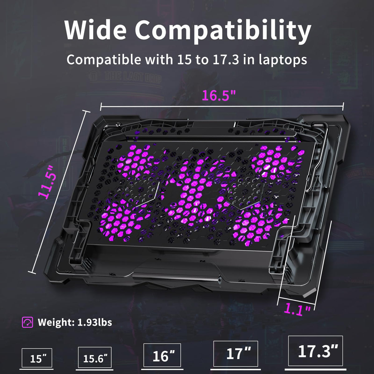 AICHESON Laptop Cooling Pad for 15.6 to 17.3 Inches PC Notebooks, 5 Fans Computer Cooler Stands with Purple Lights Desk Chiller Mat, S035