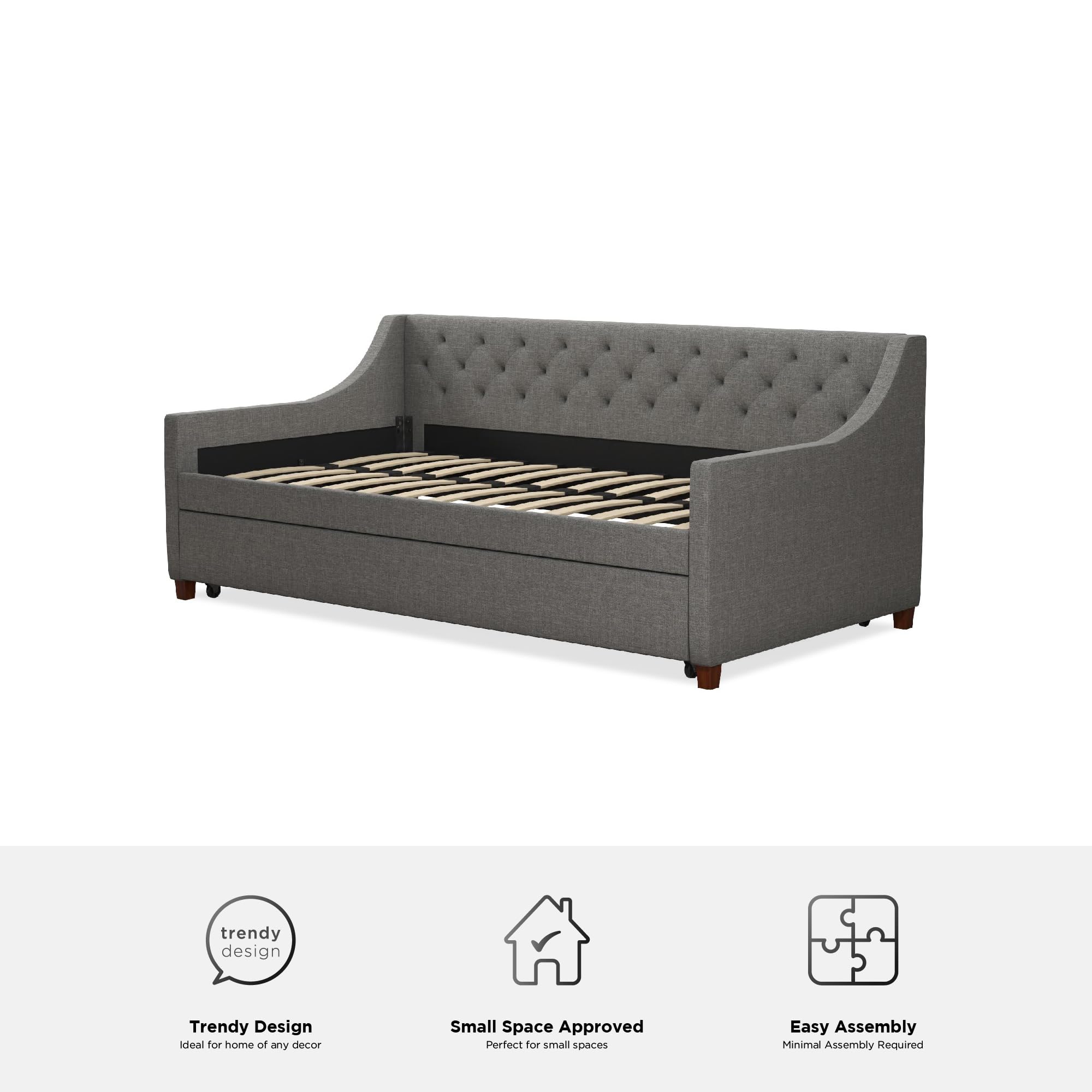 Novogratz Her Majesty Upholstered Daybed and Trundle, Twin over Twin, Grey Linen
