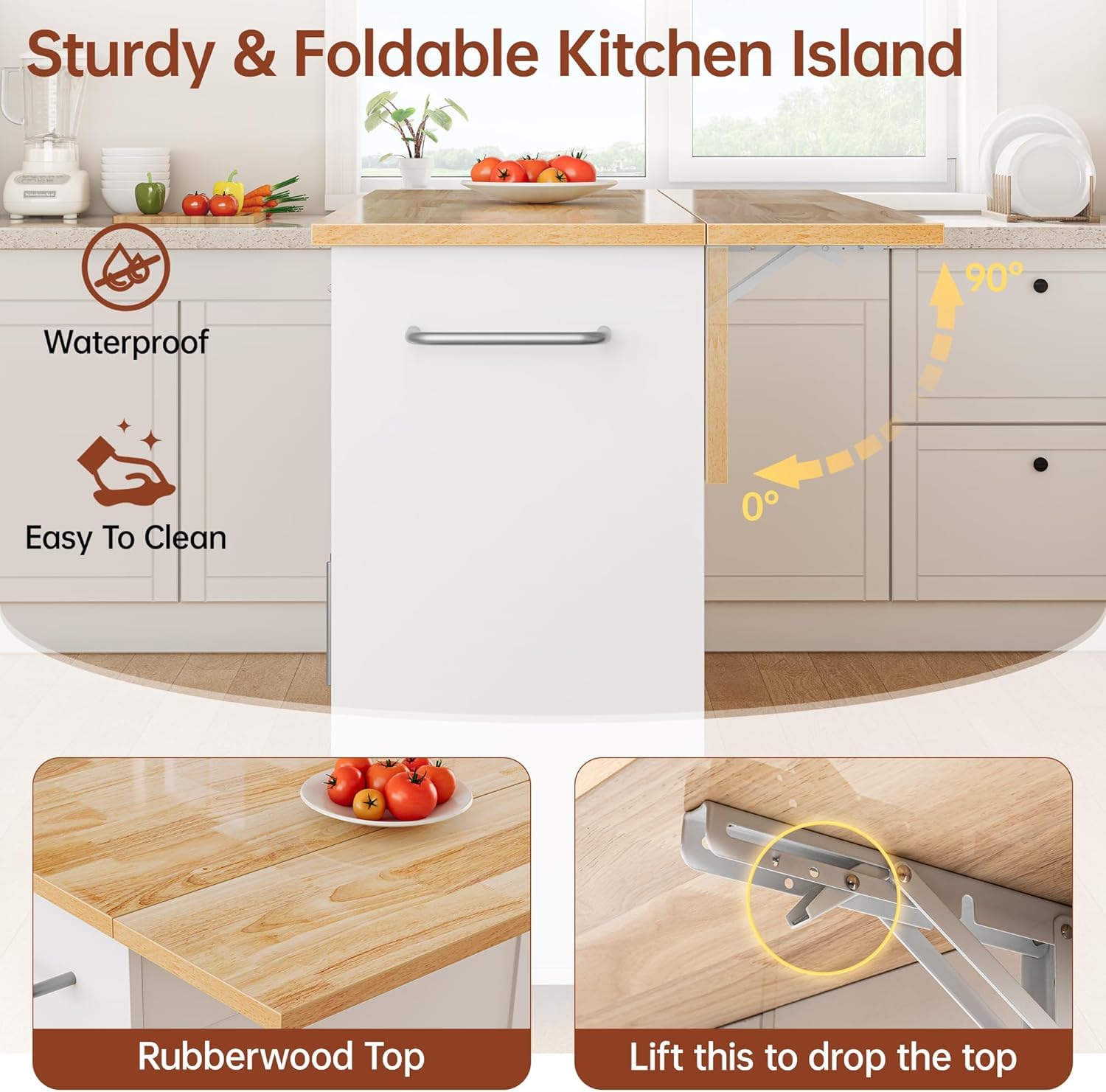 LotaTools 53.9" Rolling Kitchen Island Cart with Drop Leaf & Storage - Mobile Kitchen Organizer with Wheels, Rubberwood Top, Trash Bin Cabinet & Towel Rack, White Farmhouse Style for Small Spaces