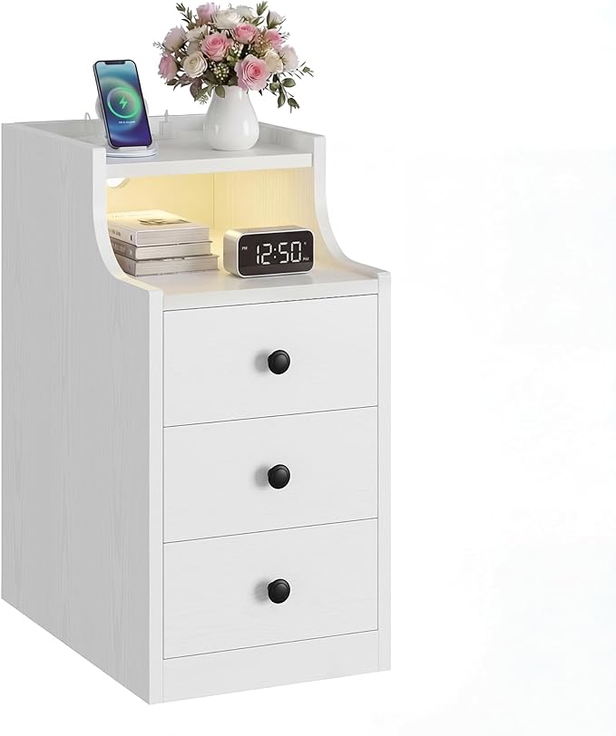 Nightstand with Charging Station, RGB LED Lights & 3 Drawers